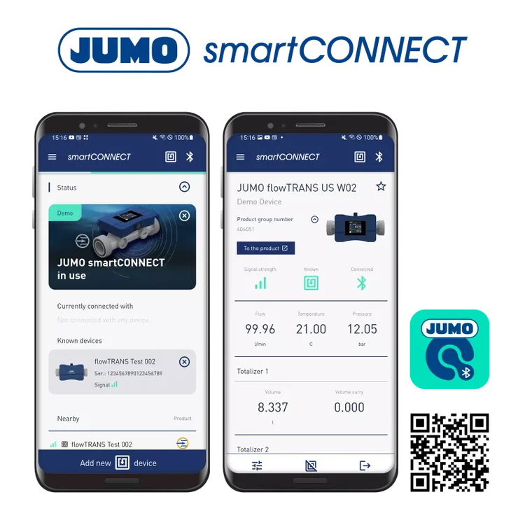 Mobile access to JUMO devices via Bluetooth app. JUMO smartCONNECT