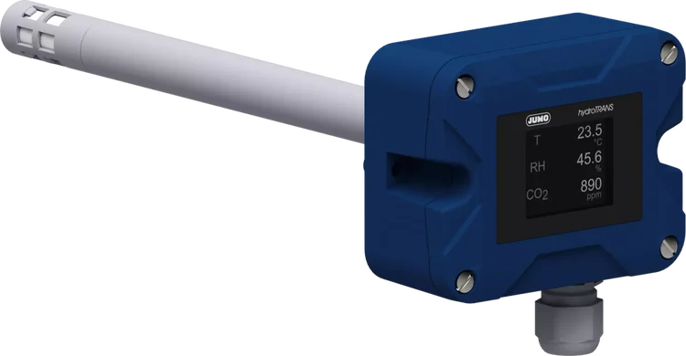 Humidity and temperature transmitter with optional CO2 module in duct version JUMO hydroTRANS S30