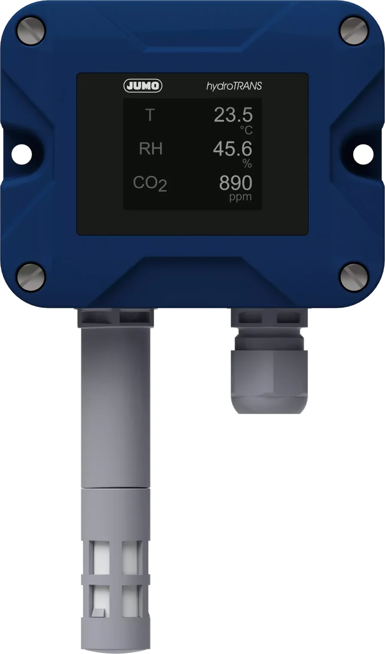 Humidity and temperature transmitter with optional CO2 module in wall-mounted version JUMO hydroTRANS S20